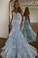 Light Blue Prom Dress Mermaid Off The Shoulder Long Evening Dress With Lace