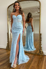 Light Blue Prom Dress Mermaid Sweetheart Corset Long Laced Evening Dress with Slit