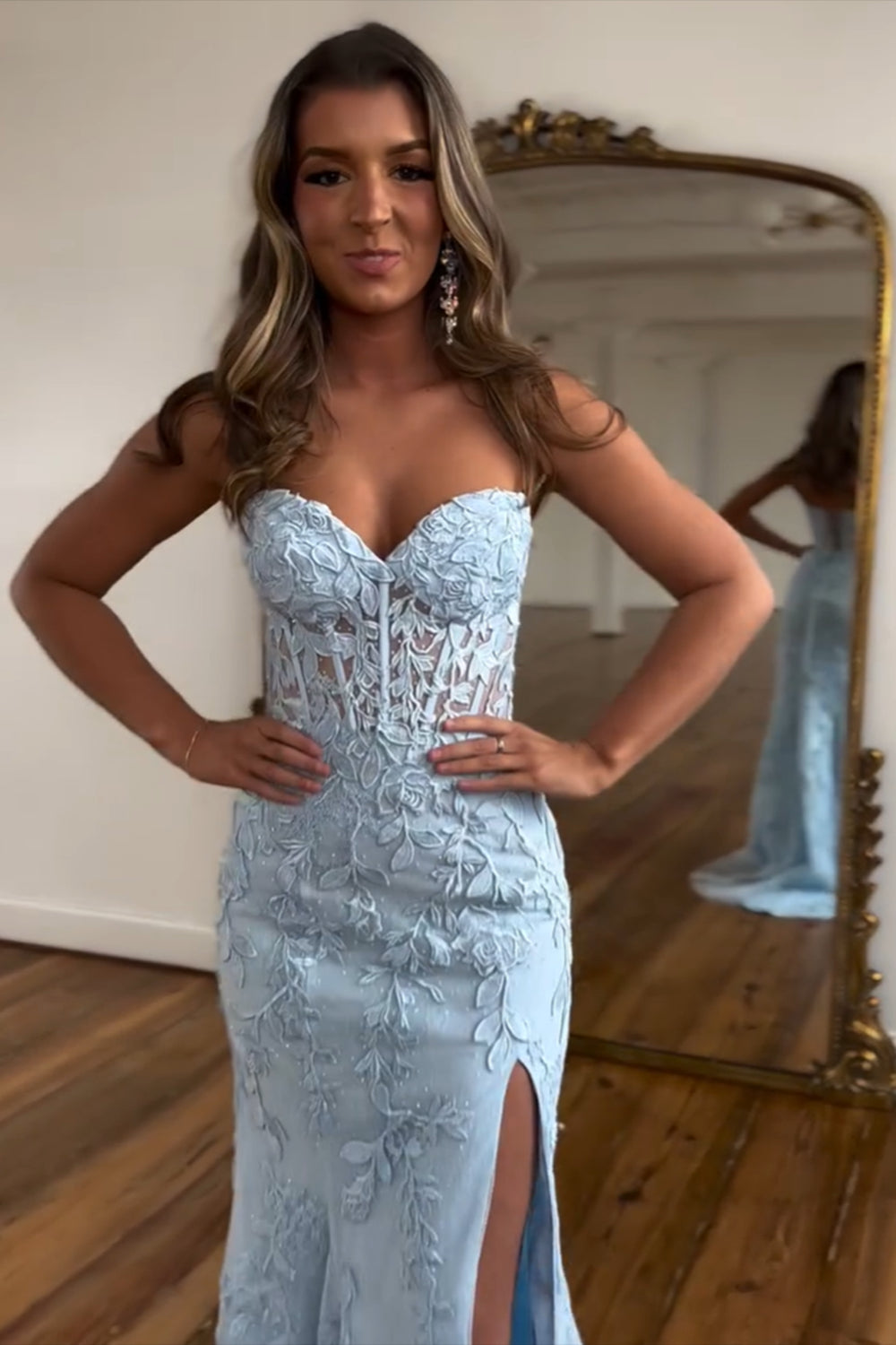 Light Blue Prom Dress Mermaid Sweetheart Corset Long Laced Evening Dress with Slit