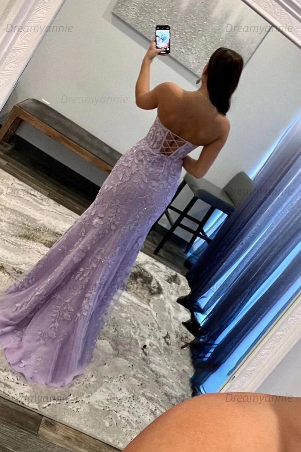 Light Blue Prom Dress Mermaid Sweetheart Corset Long Laced Evening Dress with Slit