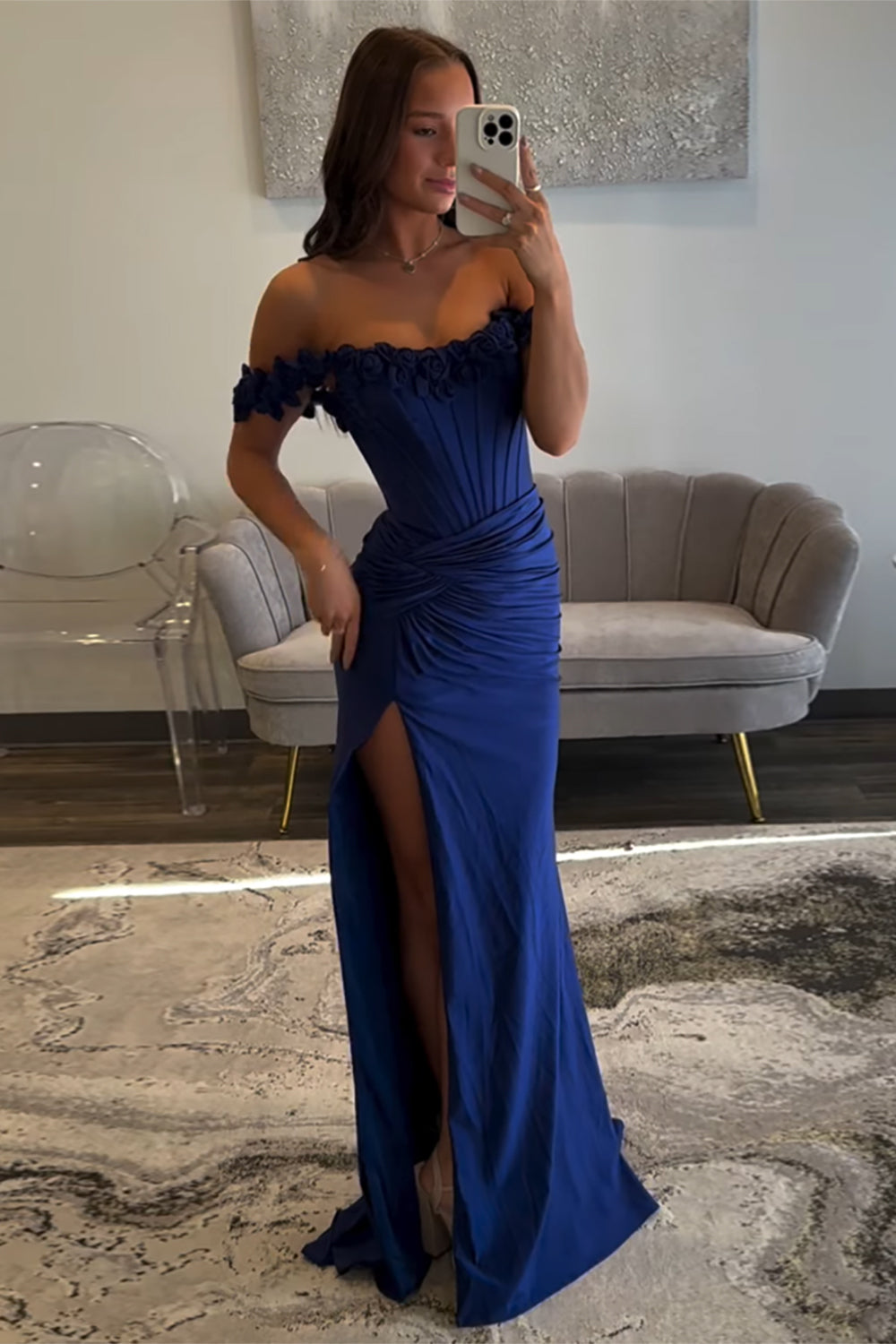 Light Blue Prom Dress Off The Shoulder Corset Mermaid Long Formal Dress With Slit