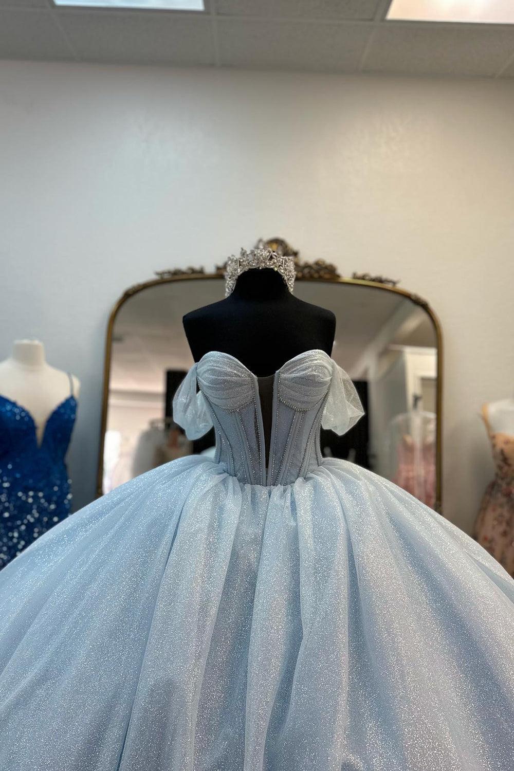 Light Blue Prom Dress Off the Shoulder Tulle Long Corset Evening Dress with Bow