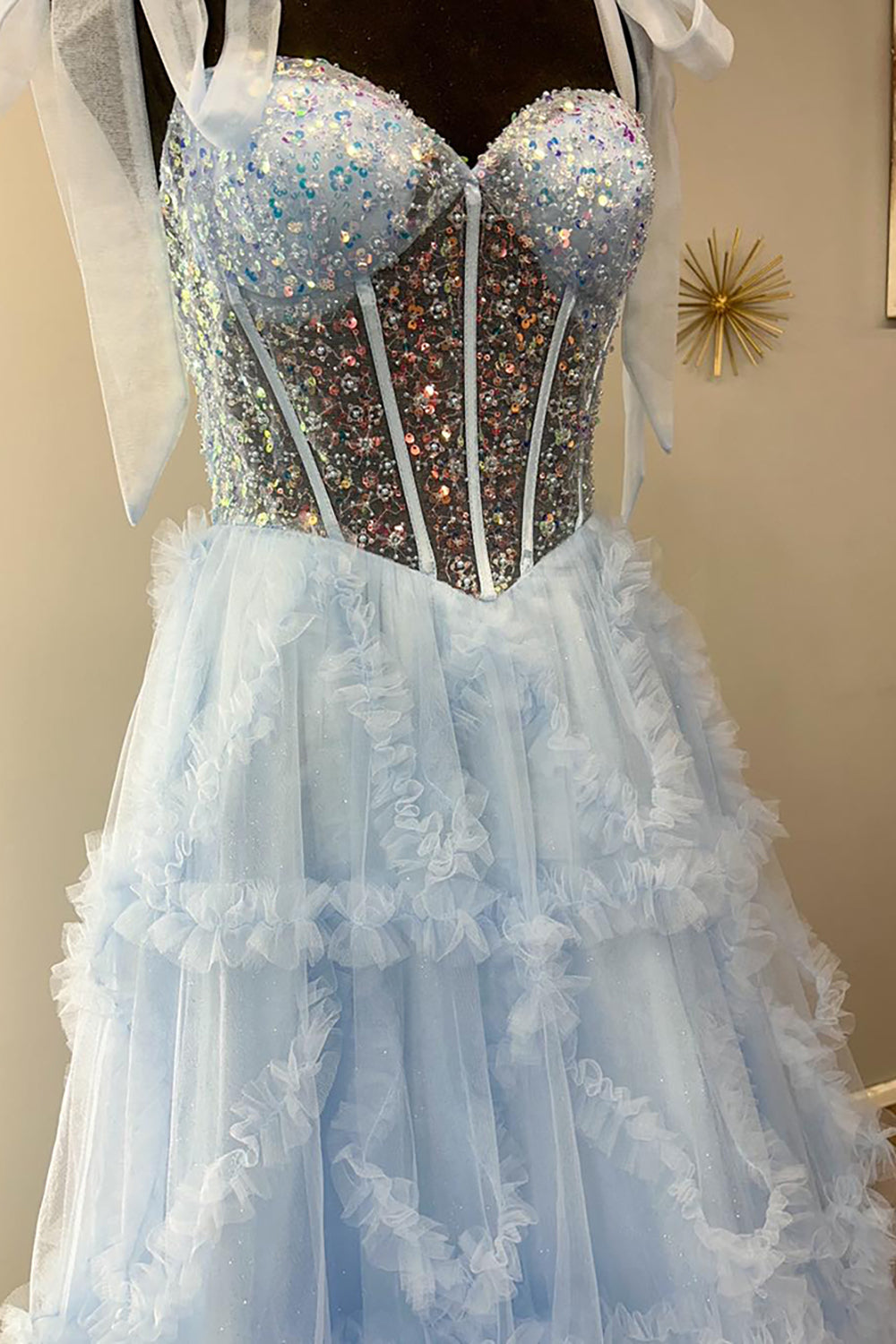 Light Blue Prom Dress Sequined A-Line Tie-Strap Long Evening Dress