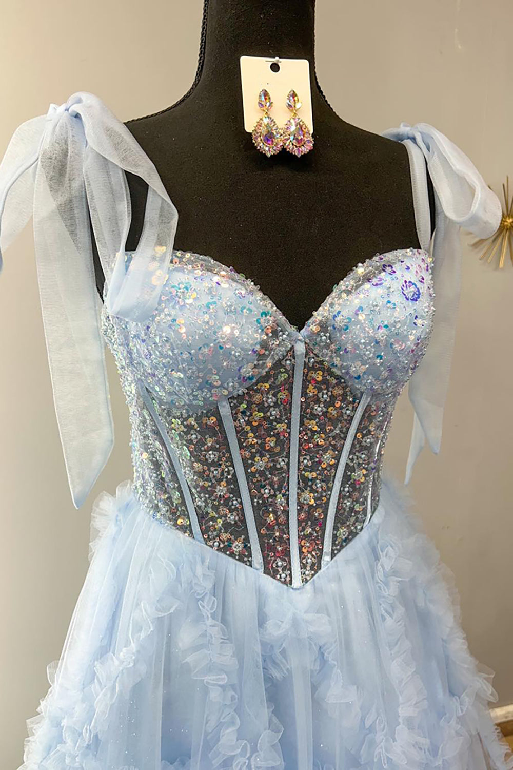 Light Blue Prom Dress Sequined A-Line Tie-Strap Long Evening Dress