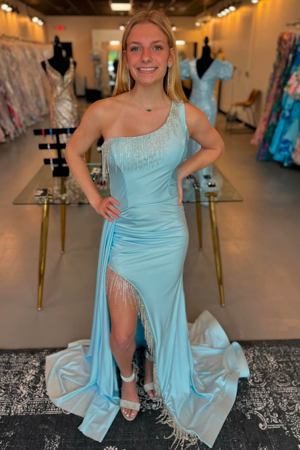 Light Blue Prom Dress Side Cape Mermaid Long Evening Dress With Tassels