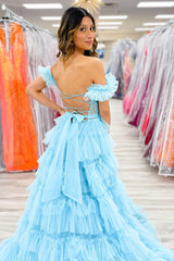 Light Blue Prom Dress Tulle A-Line Off The Shoulder Long Evening Dress With Slit