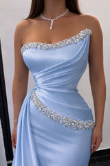 Light Blue Satin Mermaid Prom Dress with Beaded Neckline
