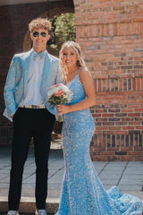 Light Blue Shawl Lapel Jacquard Men's Prom Graduation Jacket