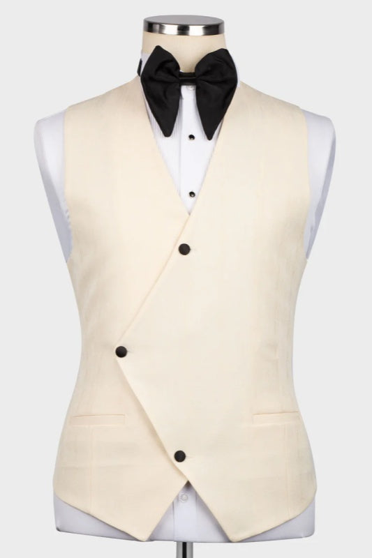 Light Champagne Three Piece Wedding Suit with Black Notched Lapel