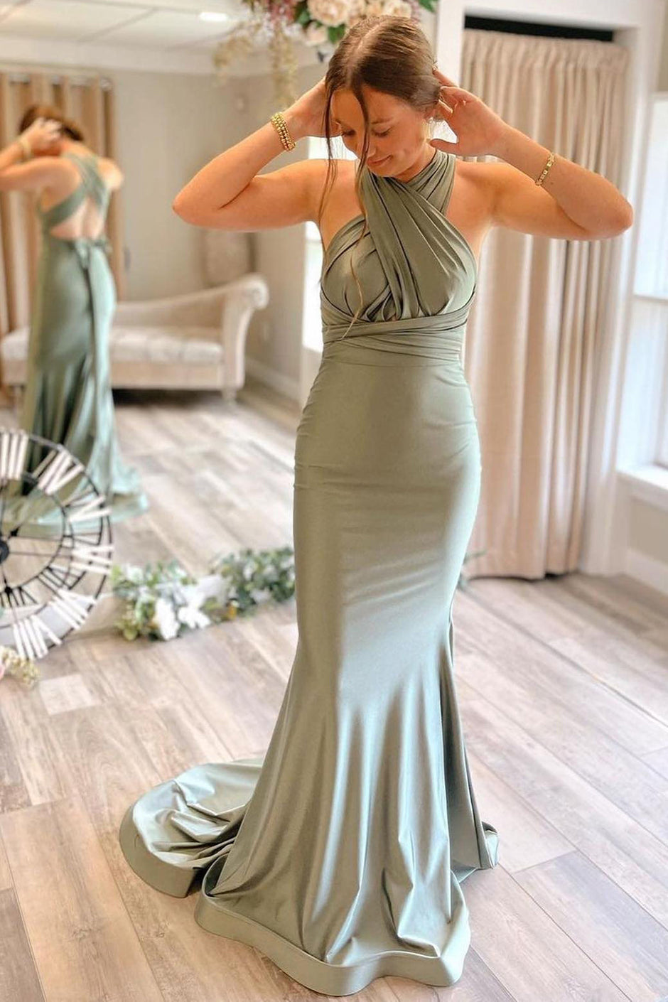 Light Green Convertible Satin Mermaid Prom Bridesmaid Dress  Dreamyannie UK