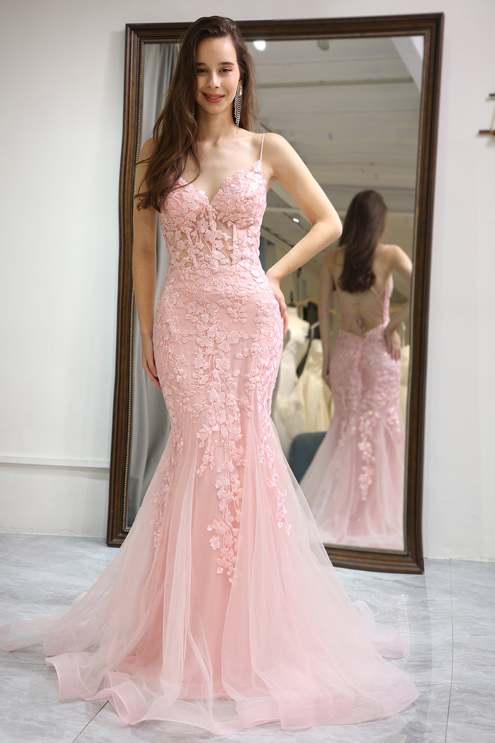 Light Green Prom Dress Mermaid Backless Long Corset Evening Dress With Appliques
