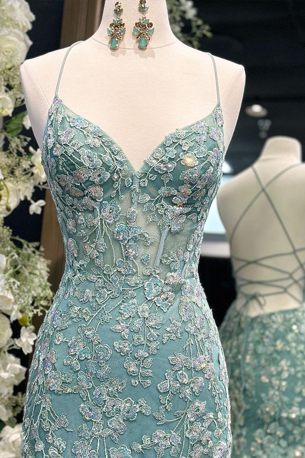 Light Green Prom Dress Mermaid Lace Long Backless Evening Dress
