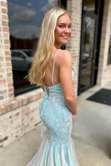 Light Green Prom Dress Spaghetti Straps Mermaid Long Lace Evening Dress