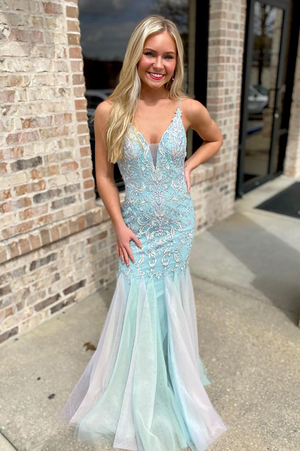 Light Green Prom Dress Spaghetti Straps Mermaid Long Lace Evening Dress