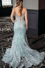 Light Green Prom Dress V-Neck Mermaid Tulle Formal Dress