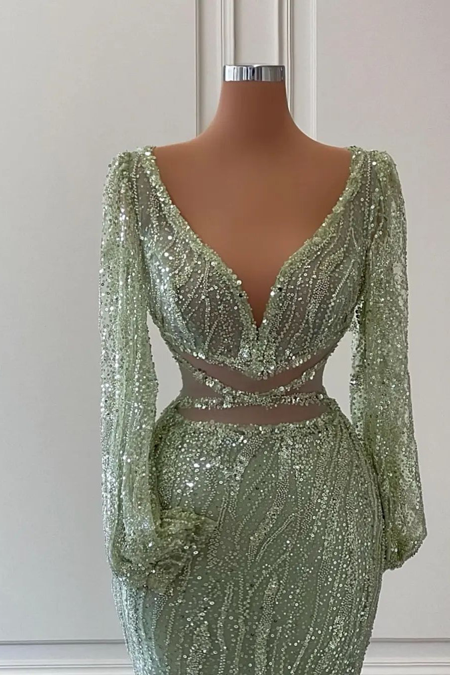 Light Green V Neck Mermaid Evening Dress Long Sleeves with Sequins and Beads