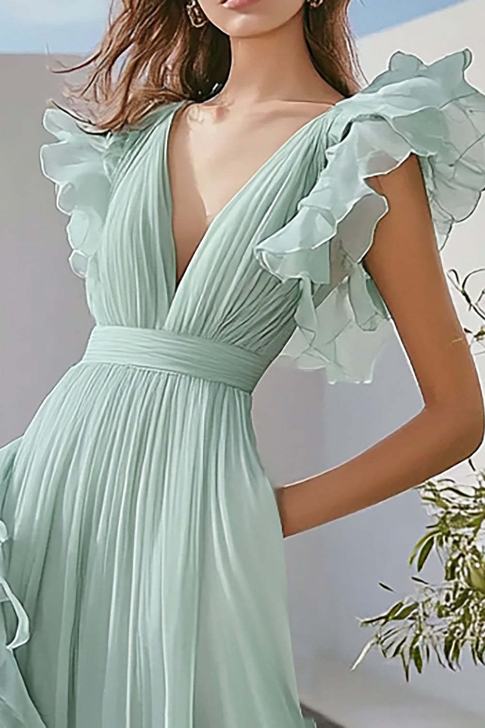 Light Green Wedding Guest Dress Chiffon A Line V-Neck Ruffled Long Evening Dress
