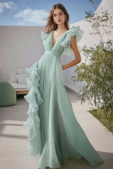 Light Green Wedding Guest Dress Chiffon A Line V-Neck Ruffled Long Evening Dress
