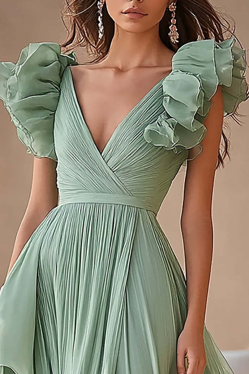 Light Green Wedding Guest Dress Chiffon Ruffed V Neck A Line Pleated Long Evening Dress