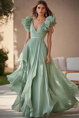 Light Green Wedding Guest Dress Chiffon Ruffed V Neck A Line Pleated Long Evening Dress