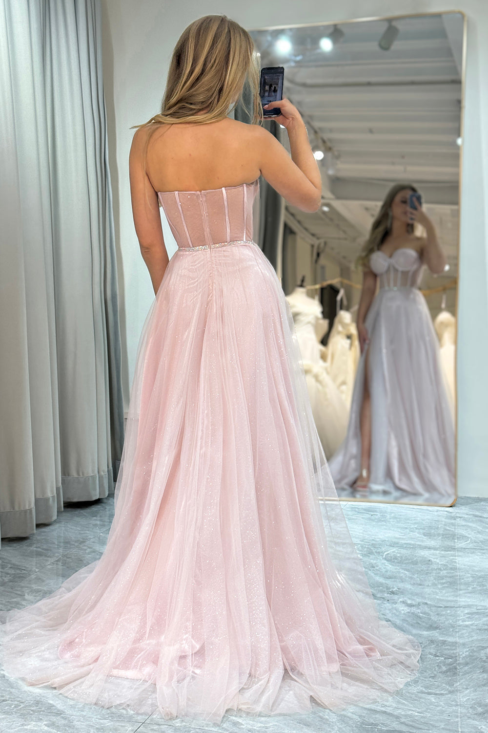 Light Pink Prom Dress A Line Long Corset Evening Dress With Slit