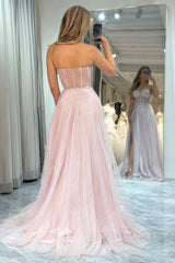 Light Pink Prom Dress A Line Long Corset Evening Dress With Slit