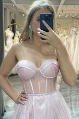 Light Pink Prom Dress A Line Long Corset Evening Dress With Slit