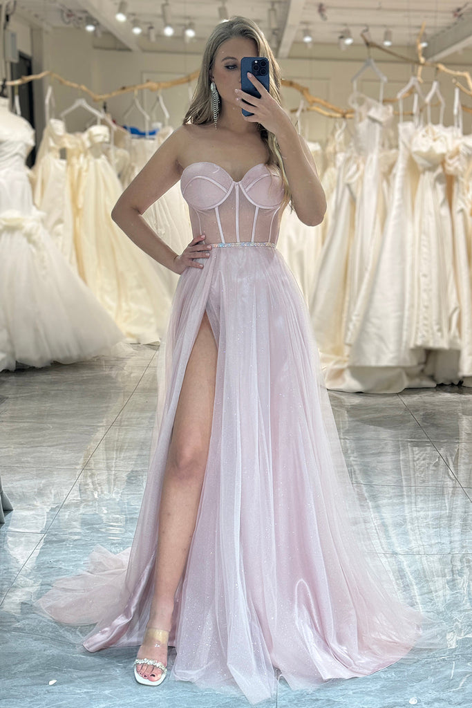 Light Pink Prom Dress A Line Long Corset Evening Dress With Slit   Dreamyannie UK