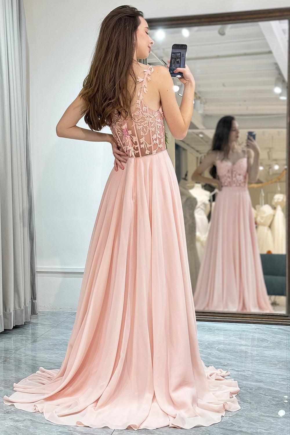 Light Pink Prom Dress Backless Long Corset Evening Dress With Applique –  Dreamyannie UK