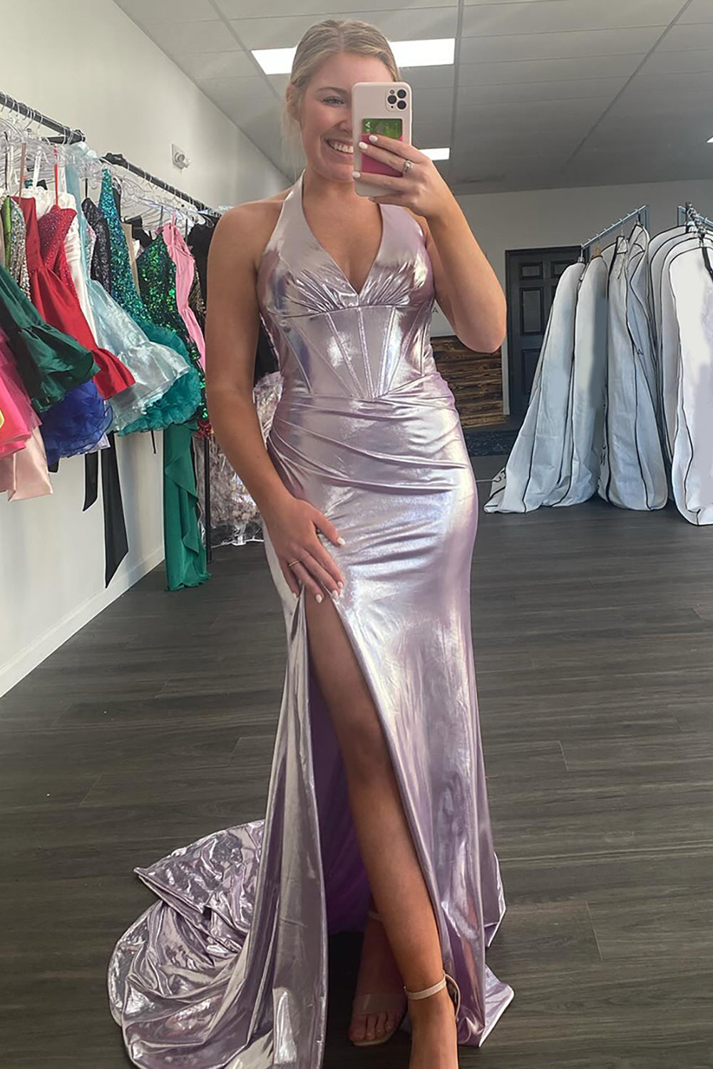 Light Pink Prom Dress Metallic Corset Long Formal Dress With Slit