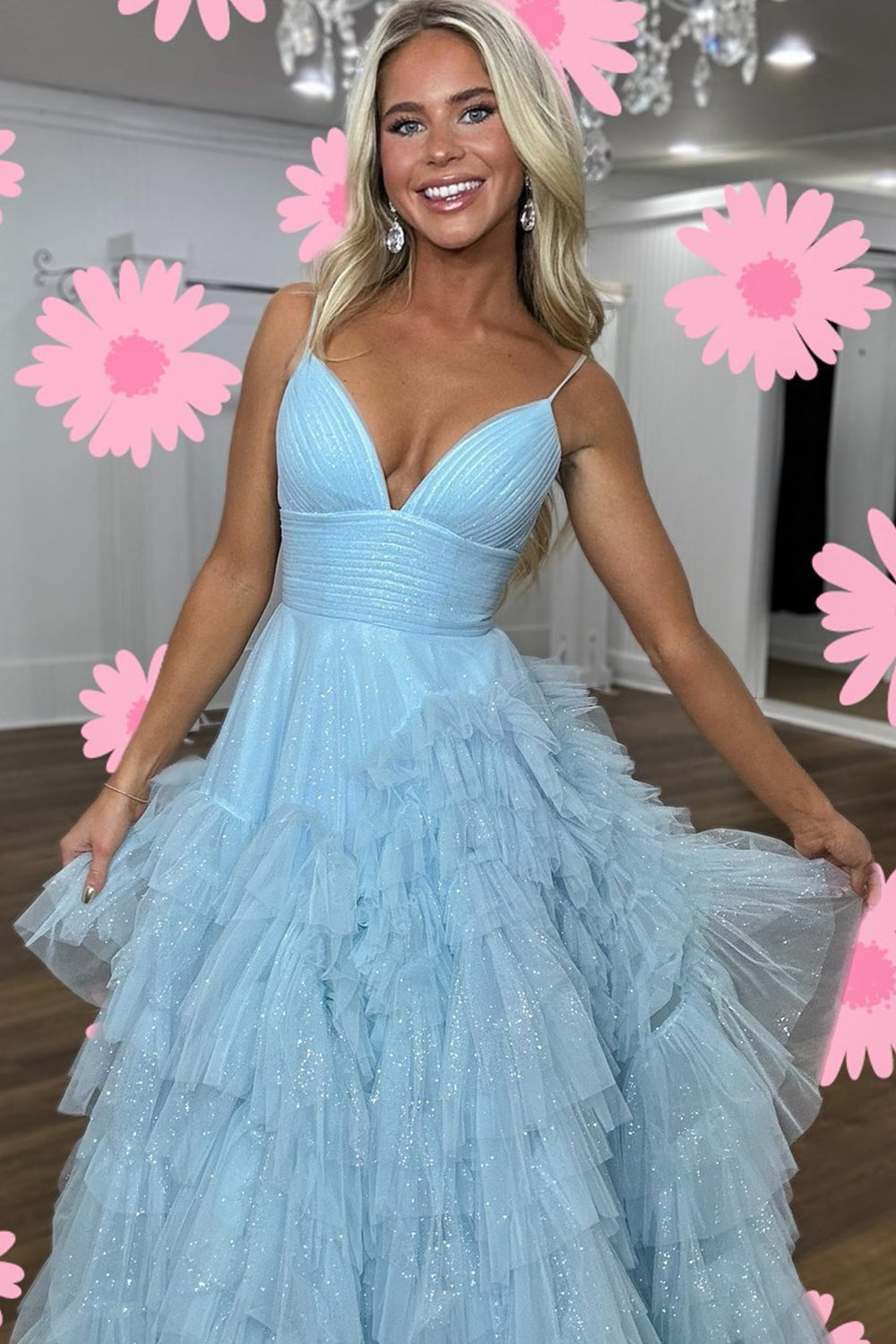 light pink tiered prom dress Pink Tulle Tiered Princess A-line V-neck Prom dresses, Long Formal Dress, MP800