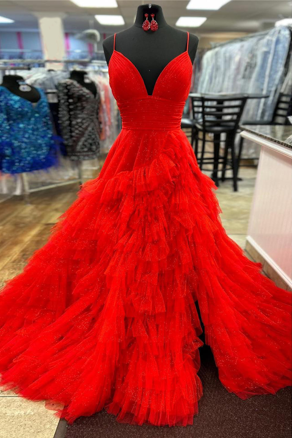 Light Pink Tulle Tiered A Line Long Prom Dress