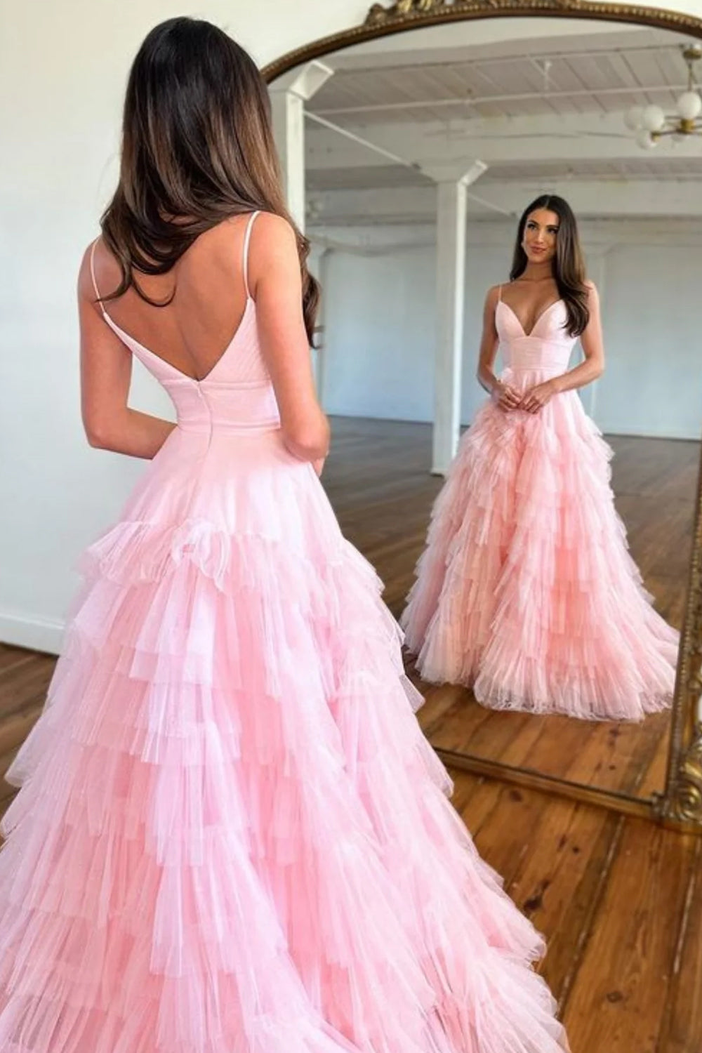 Light Pink Tulle Tiered A Line Long Prom Dress