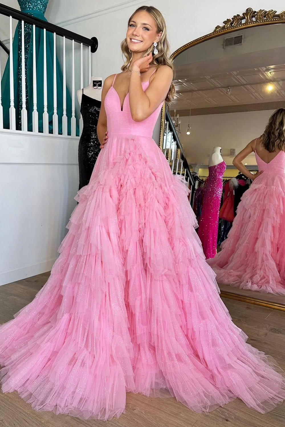 Light Pink Tulle Tiered A Line Long Prom Dress