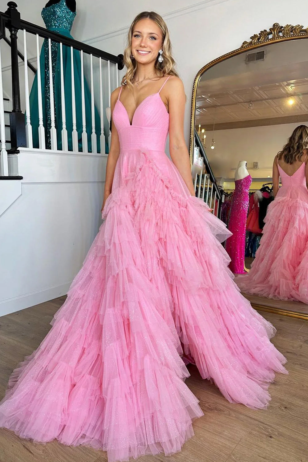 Light Pink Tulle Tiered A Line Long Prom Dress