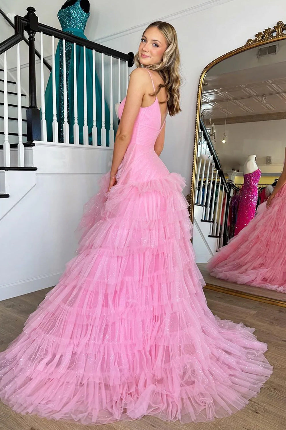 Light Pink Tulle Tiered A Line Long Prom Dress
