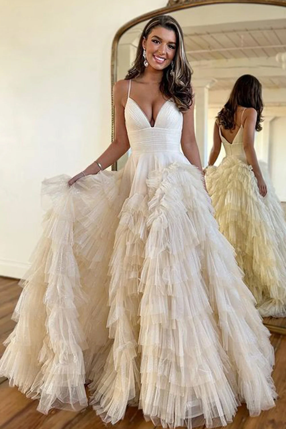 Light Pink Tulle Tiered A Line Long Prom Dress