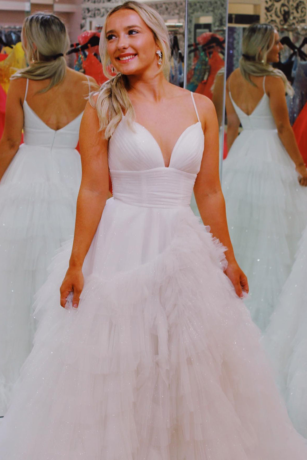 Light Pink Tulle Tiered A Line Long Prom Dress