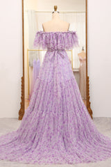 Light Purple Prom Dress Tulle A Line Off the Shoulder Long Evening Dress