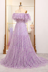 Light Purple Prom Dress Tulle A Line Off the Shoulder Long Evening Dress