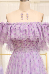 Light Purple Prom Dress Tulle A Line Off the Shoulder Long Evening Dress