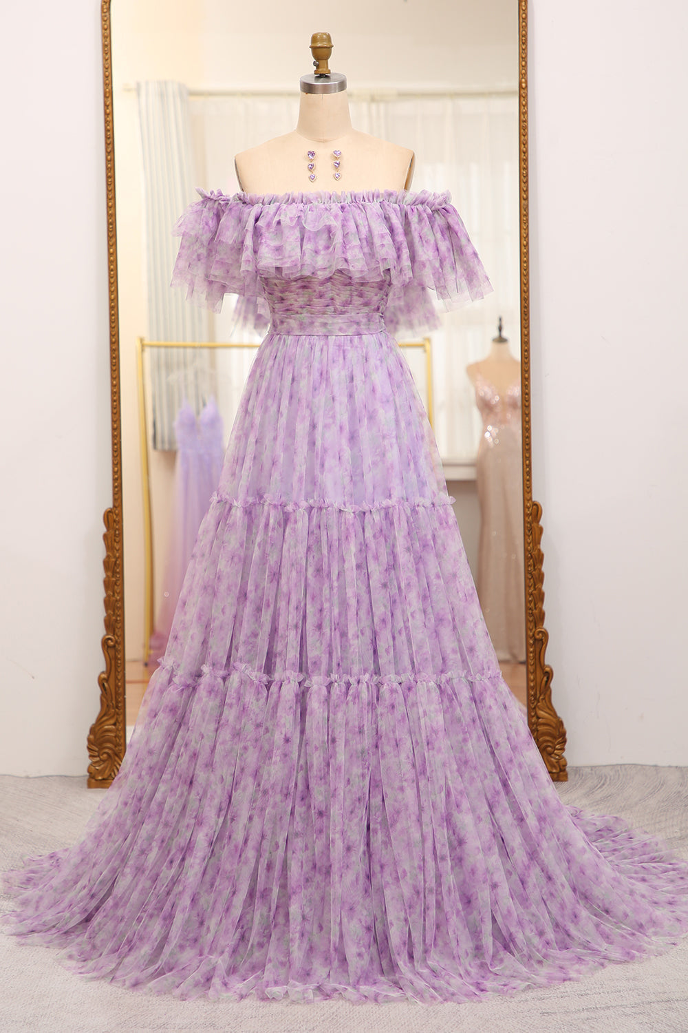 Light Purple Prom Dress Tulle A Line Off the Shoulder Long Evening Dress
