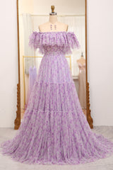 Light Purple Prom Dress Tulle A Line Off the Shoulder Long Evening Dress