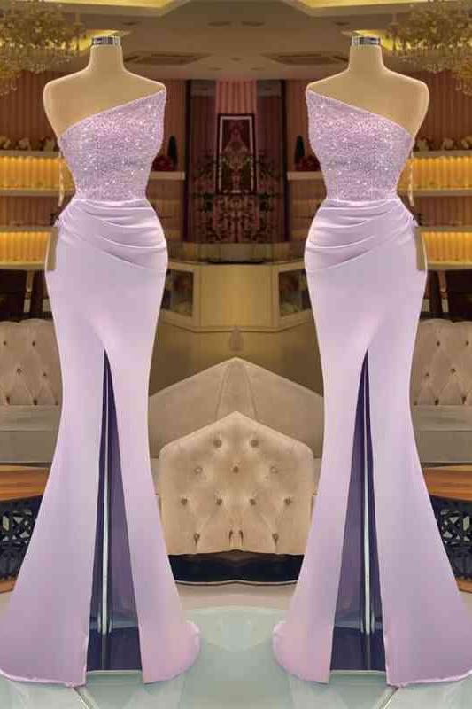Light Purple Sequins Mermaid Evening Dress with Strapless Sleeveless Design and Slit