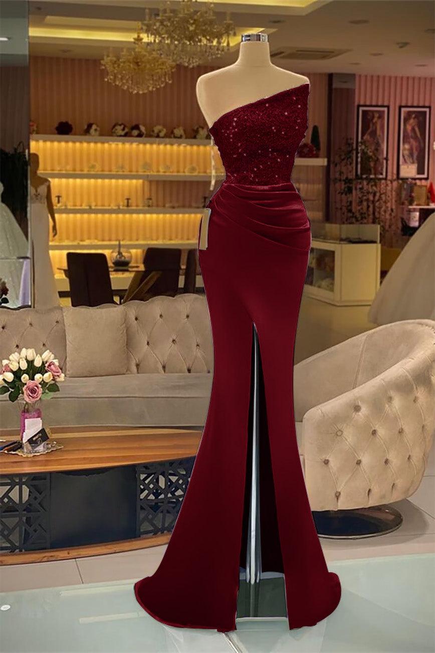 Light Purple Sequins Mermaid Evening Dress with Strapless Sleeveless Design and Slit