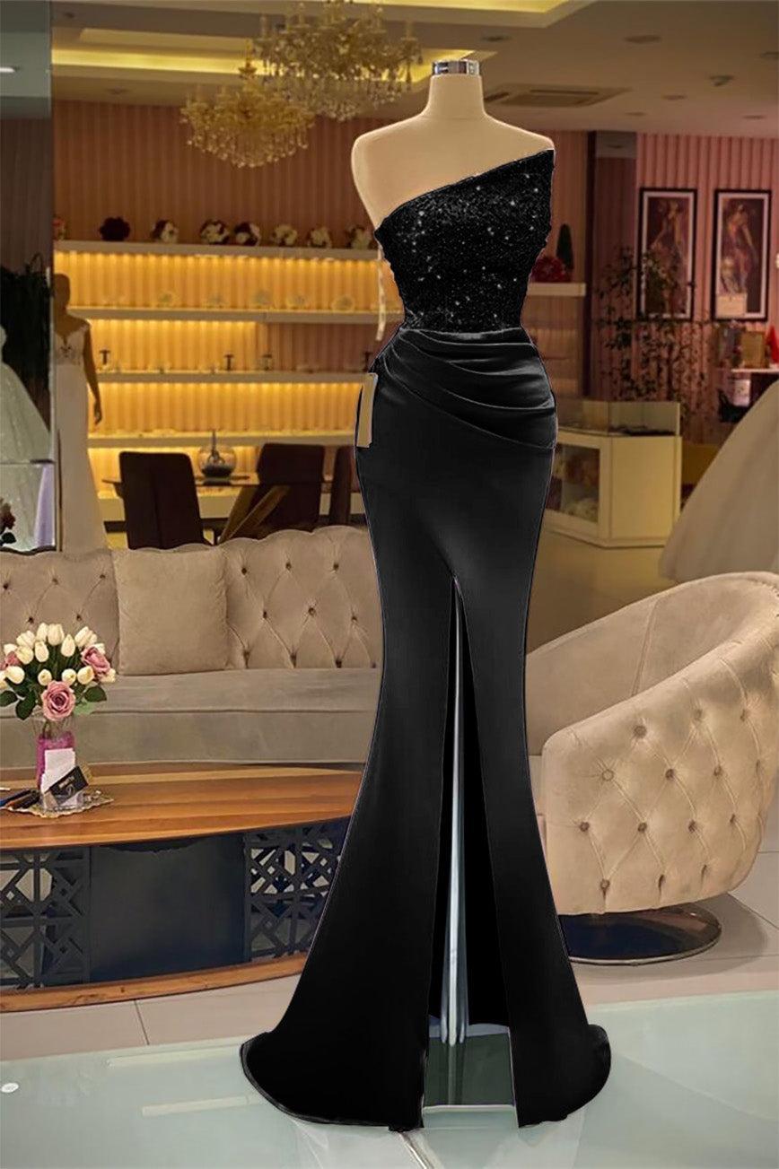 Light Purple Sequins Mermaid Evening Dress with Strapless Sleeveless Design and Slit