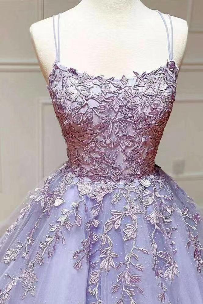 Lilac A Line Evening Dress with Appliques and Tulle
