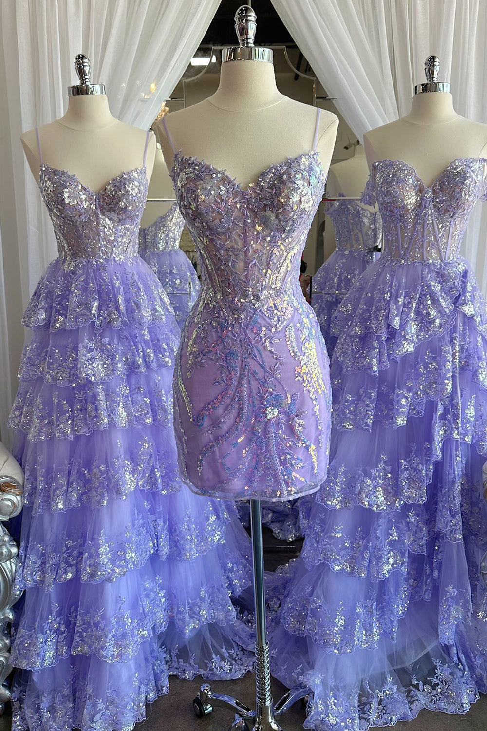 Lilac Corset Sequin Short Graduation Dress with Appliques