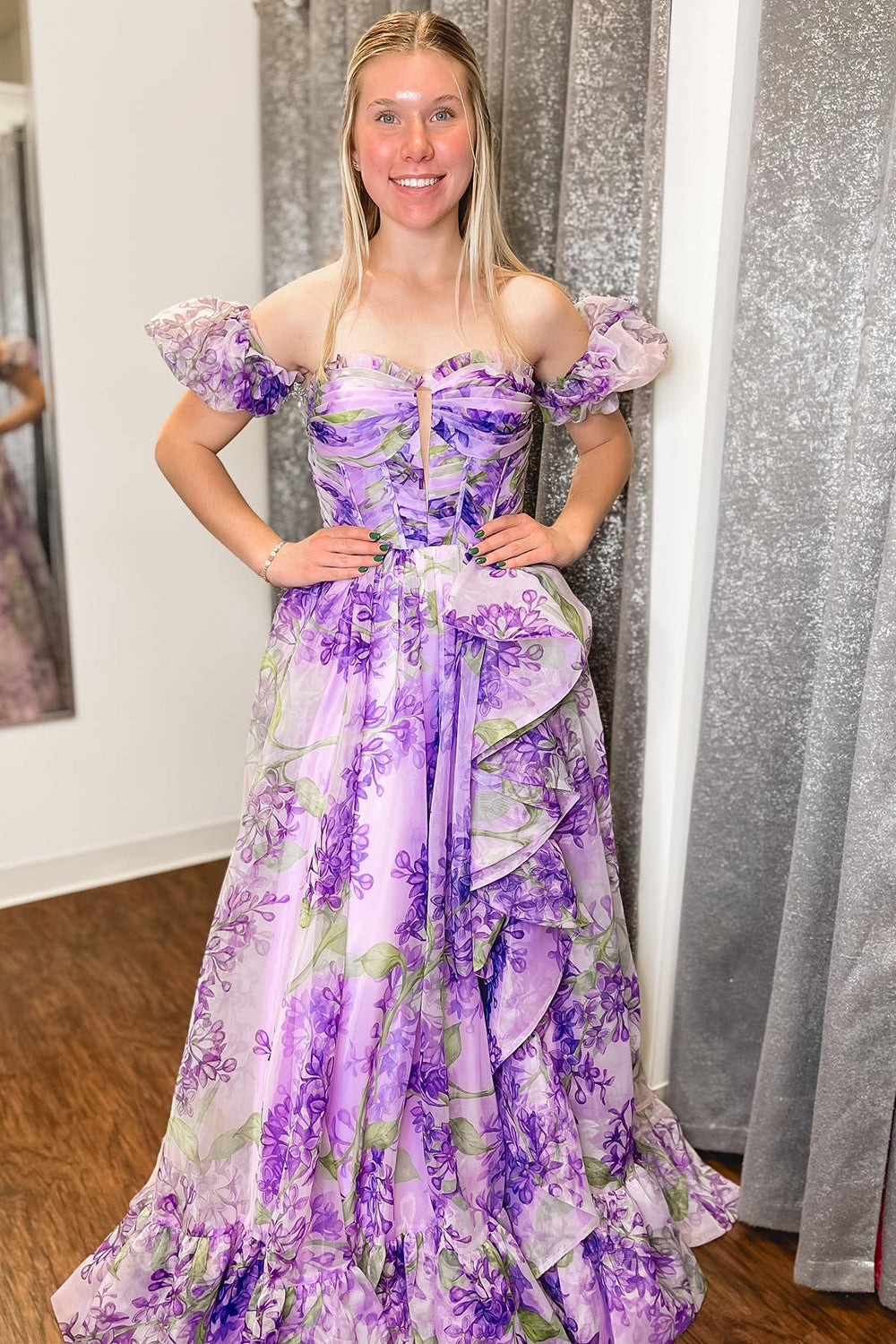 Lilac Prom Dress A Line Corset Detachable Sweetheart Floral Long Evening Dress with Ruffles