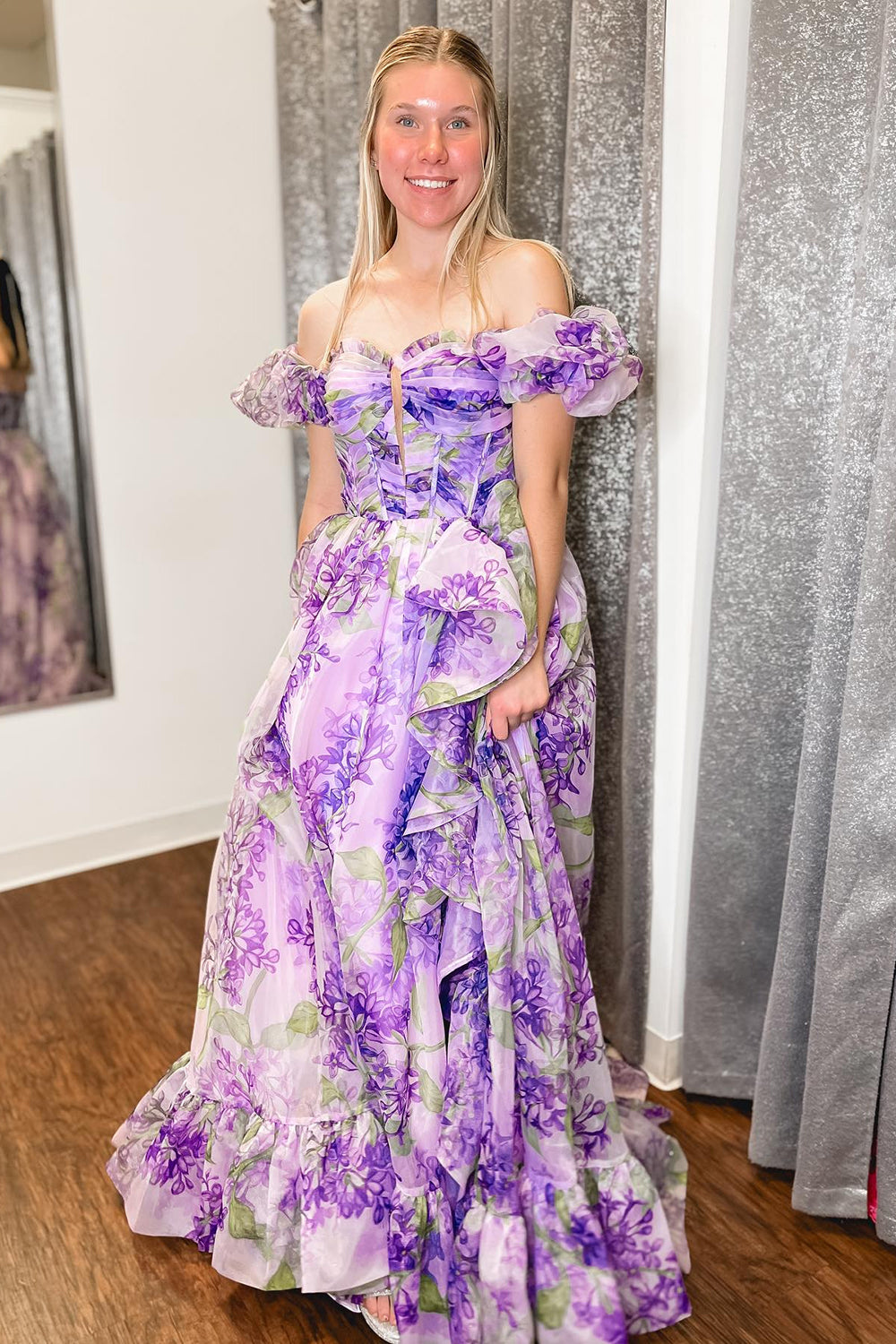Lilac Prom Dress A Line Corset Detachable Sweetheart Floral Long Evening Dress with Ruffles